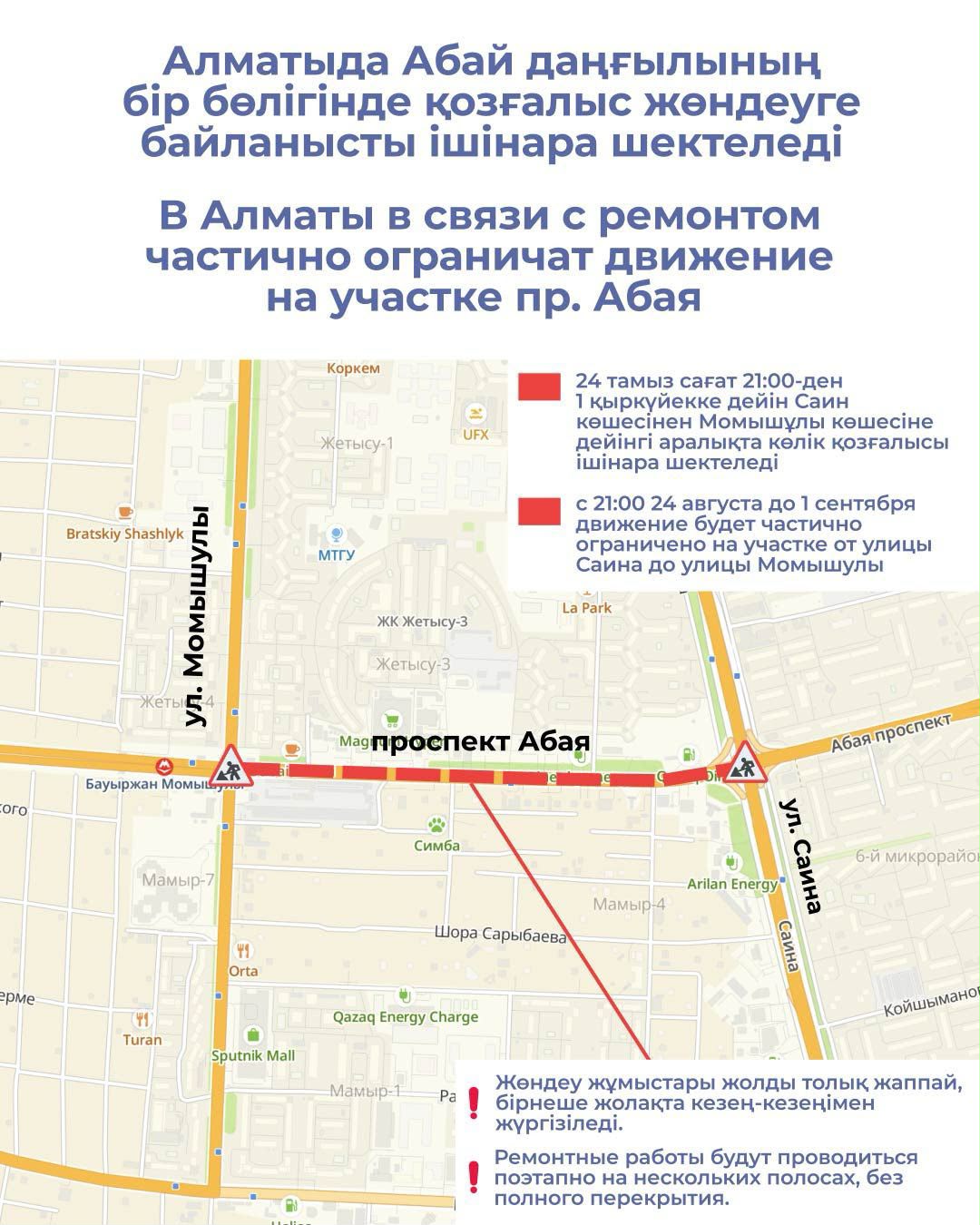 Алматыда Абай даңғылының бір бөлігінде қозғалыс жөндеуге байланысты ішінара шектеледі