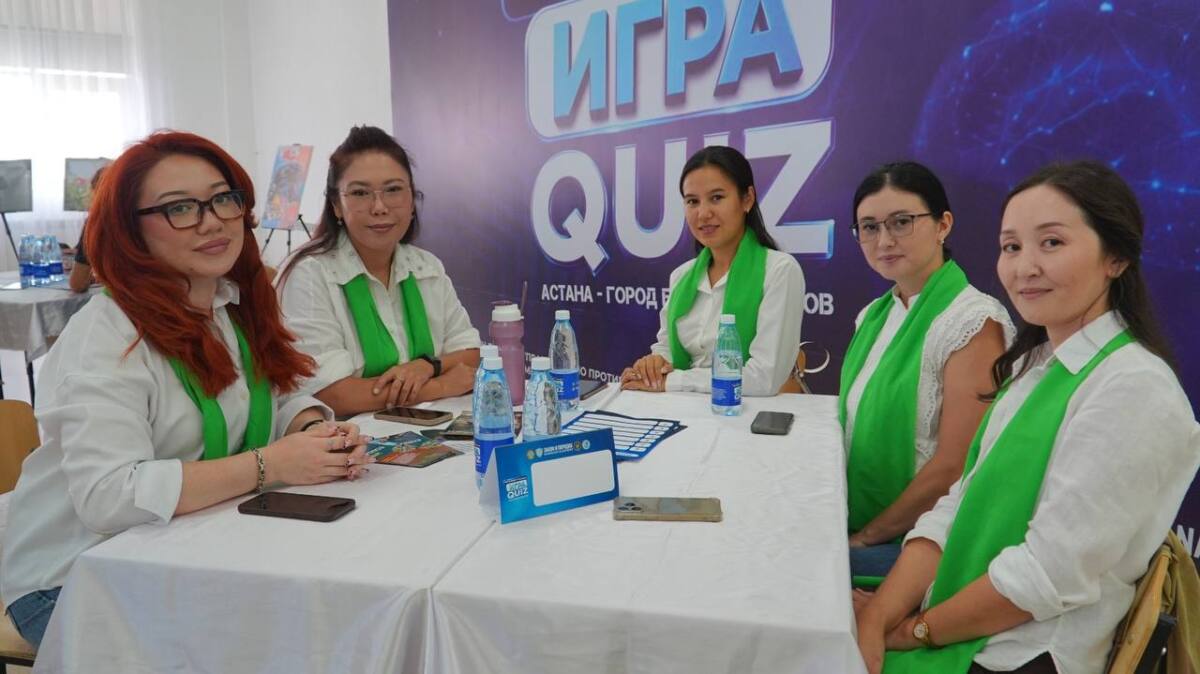 Ойынға қатысушылардың «Игра Quiz» баннерінің алдындағы үстел басында отырған суреті.