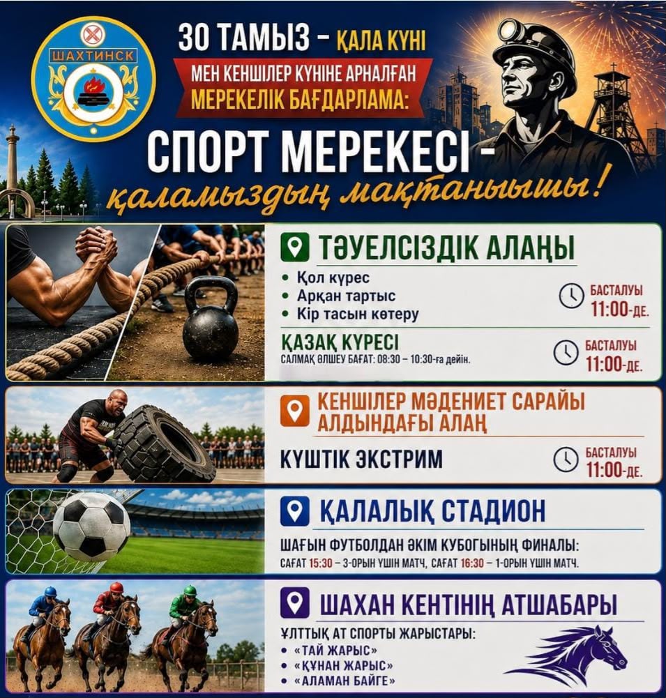 30 ТАМЫЗ — ШАХТИНСК ҚАЛАСЫНЫҢ КҮНІ ЖӘНЕ КЕНШІЛЕР КҮНІНЕ АРНАЛҒАН МЕРЕКЕЛІК ІС-ШАРАЛАР