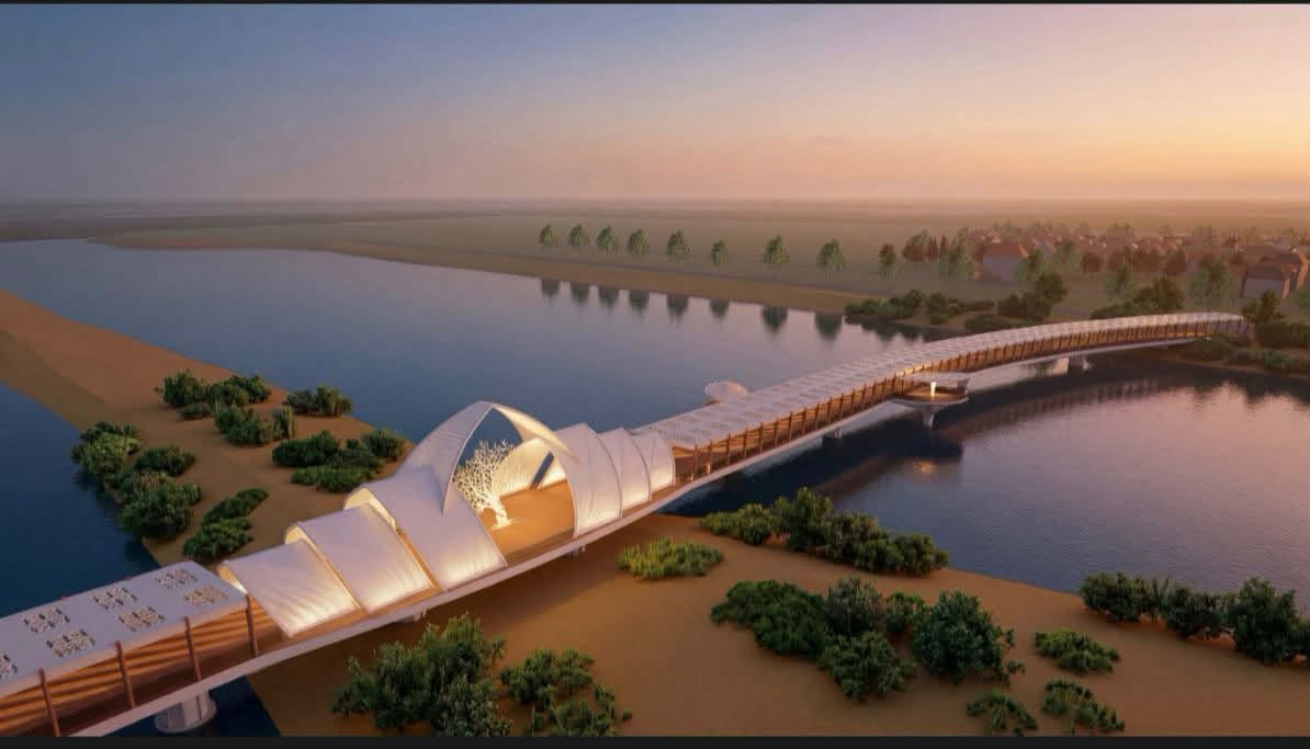 Өзеннің үстіндегі заманауи дизайнды жаяу жүргіншілер көпірінің жобасы.