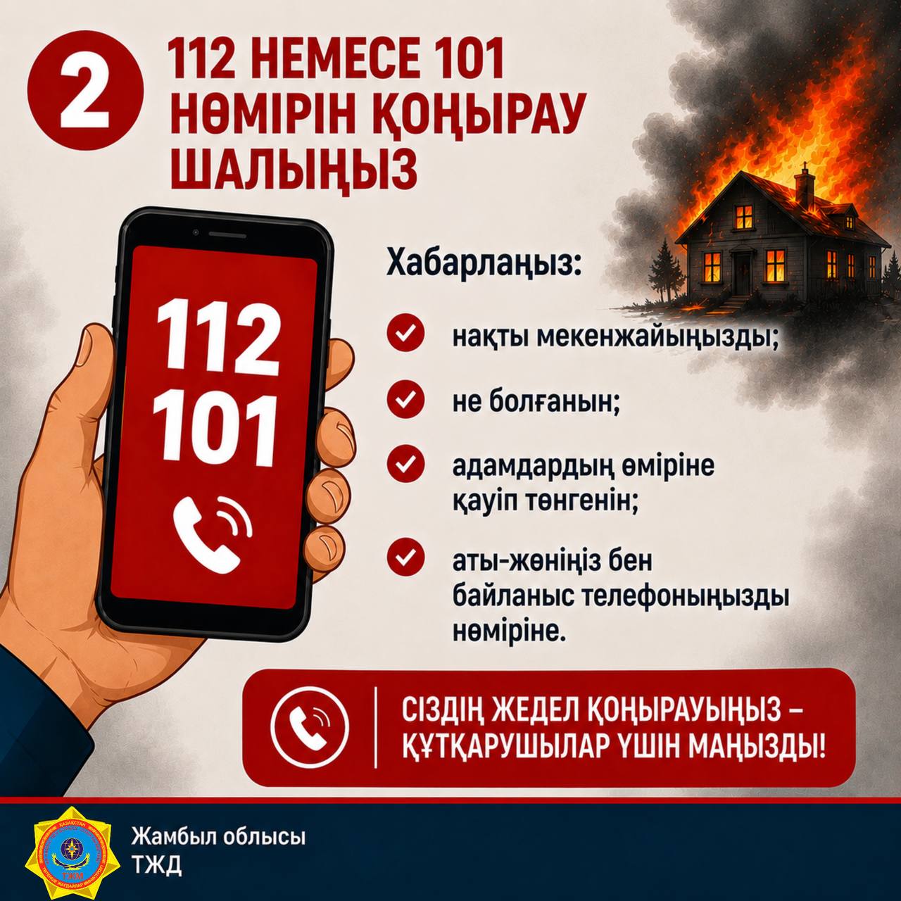 Өрт кезінде 112 немесе 101 нөміріне хабарласу бойынша нұсқаулық.